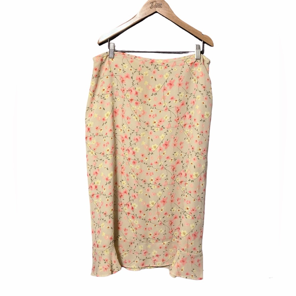 Vintage Kathy Ireland beige floral print long skirt Large